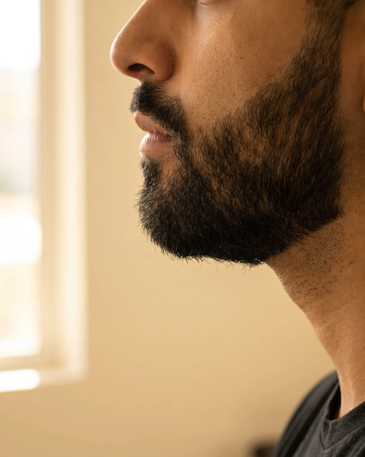 Barba perfilada con la línea del pómulo marcada y los contornos limpios, de perfil