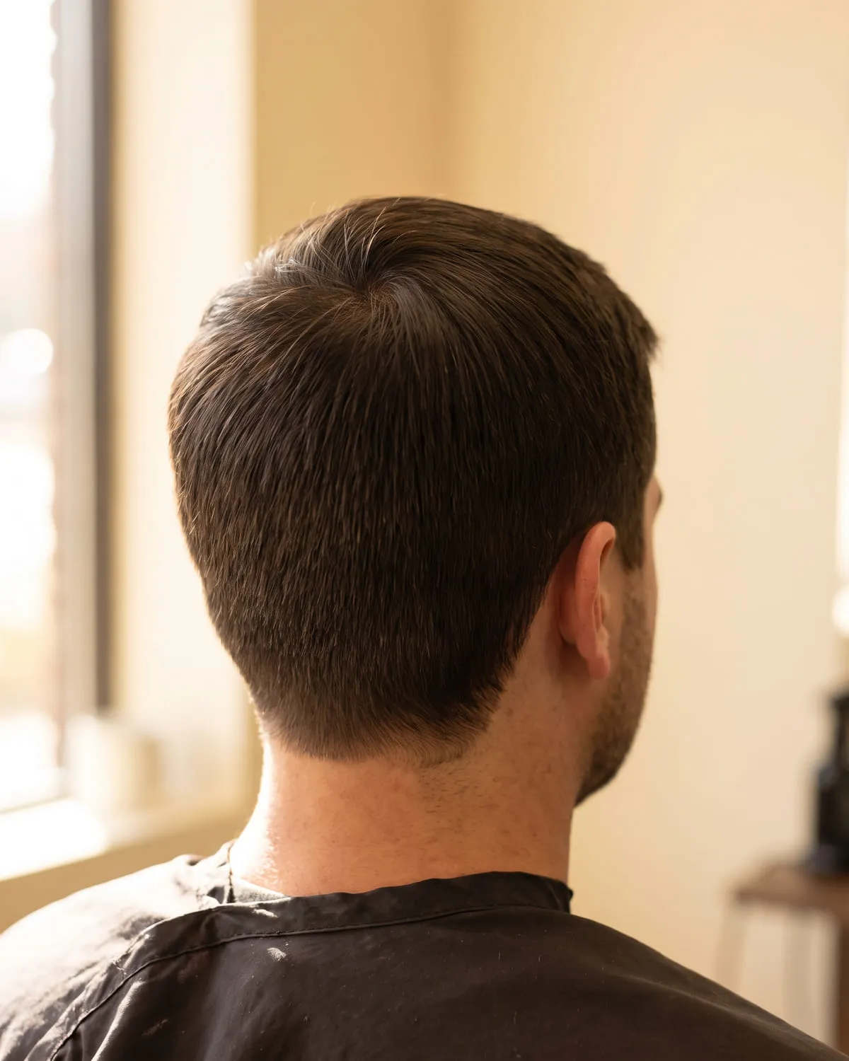 Nuca con el cabello corto en un color castaño oscuro uniforme y recién aplicado, vista desde atrás