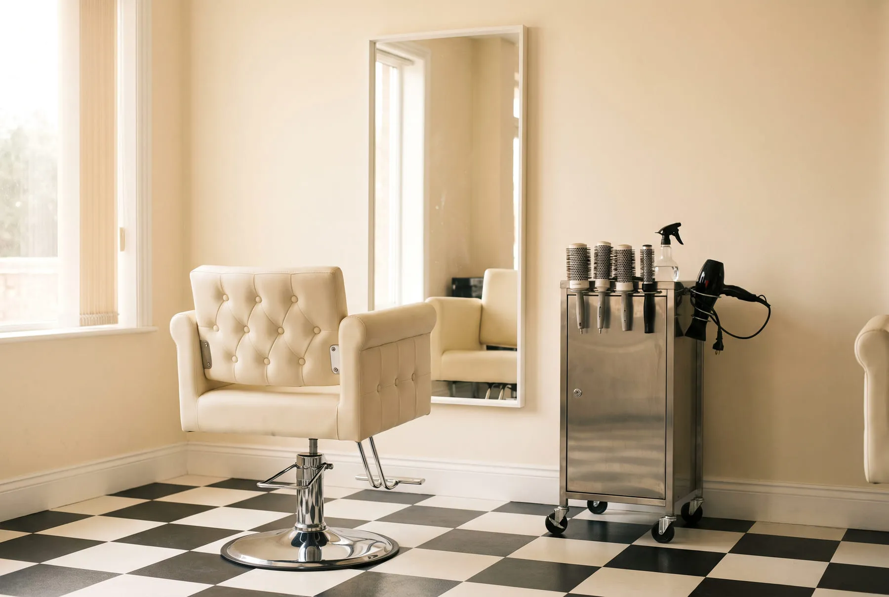 Una estación de trabajo del salón: sillón capitoné en crema con base cromada frente a un espejo de marco blanco, y un carrito de acero con cepillos y secador