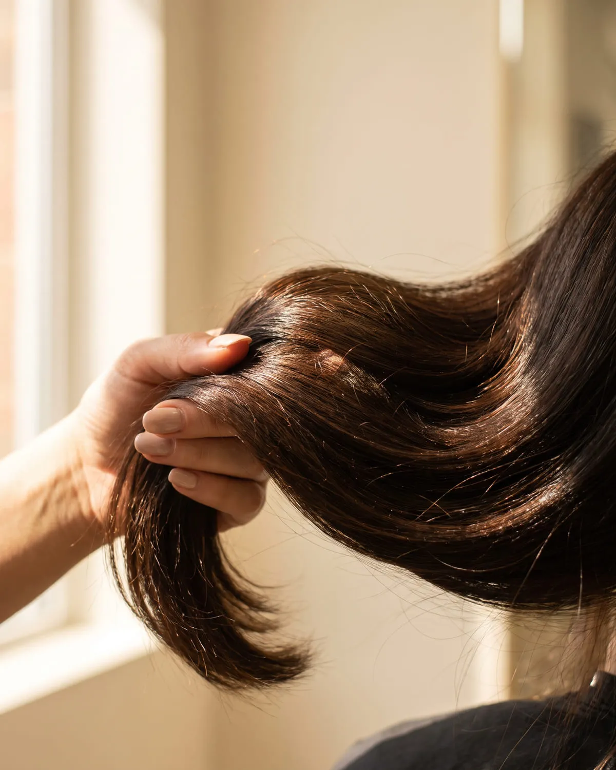 Una mano sostiene un mechón de cabello largo y oscuro con mucho brillo tras un tratamiento